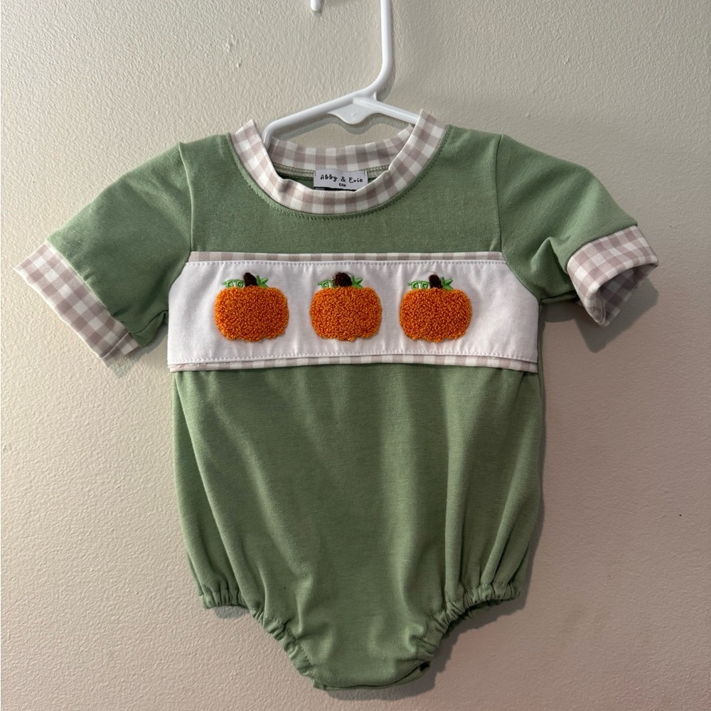 Green Baby Romper with French Knot Pumpkin Design